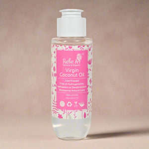 Bottle of Virgin Coconut Oil with a pink label on a white background