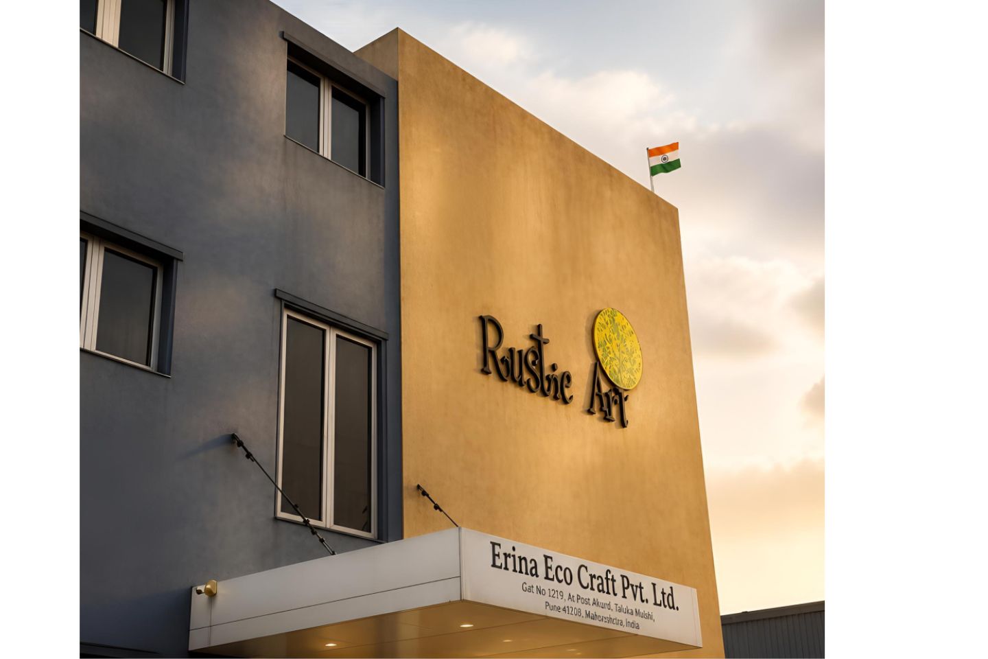 The exterior of the Rustic Art Factory in Satara with Indian Flag